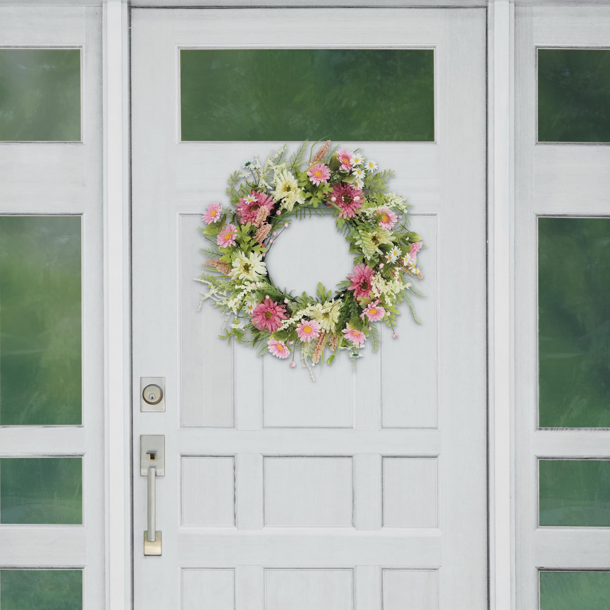 6 Pack: 24" Pink Mum & Daisy Floral Spring Wreath